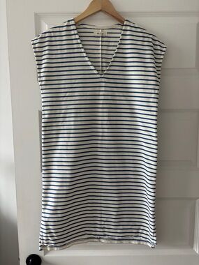 Madewell Tshirt Striped V-Neck Sleeveless Tunic Dress Coverup Vacation blue